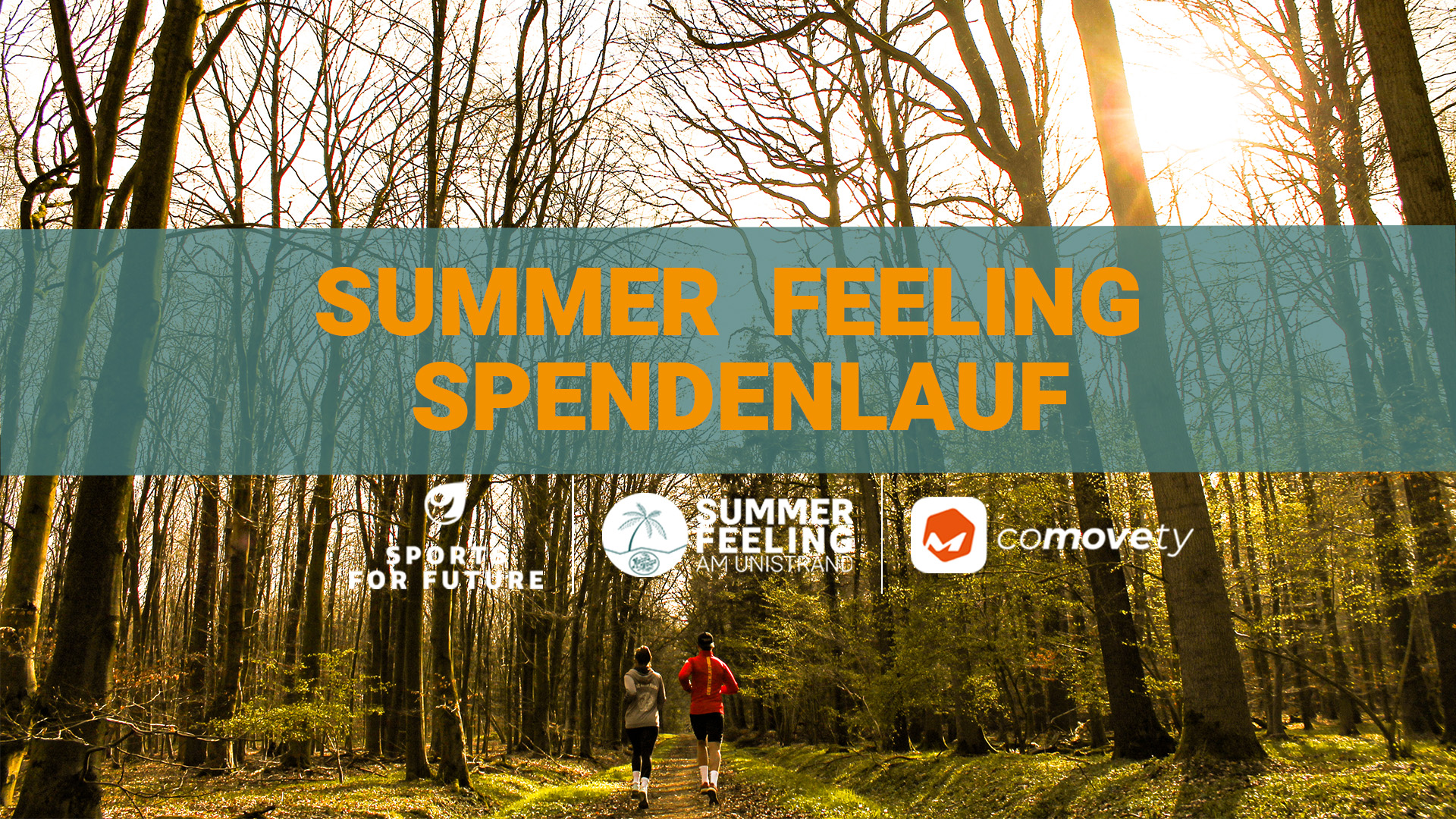 Schriftzug "Summer Feeling am Unistrand", darunter die Logos von Sports for Future, dem Summer Feeling am Unistrand und Comovety, im Hintergrund ein Läufer und eine Läuferin im Wald